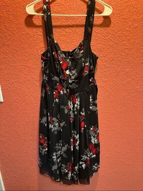 Black Floral Sundress with Red Rose Print